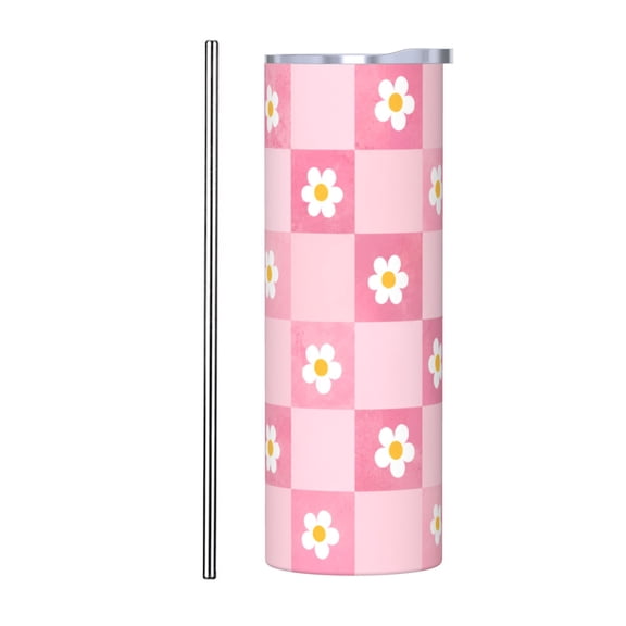 20oz Pink Checkerboard Daisy Tumbler with Handle Stainless Steel Insulated Travel Coffee Cup Gift with Stainless Steel Straw