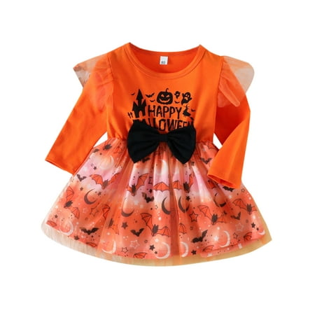 

Beiwei Baby Cute Mesh Party Dress Halloween Ruched Dresses Girls Pumpkin Print Beach Orange 70cm