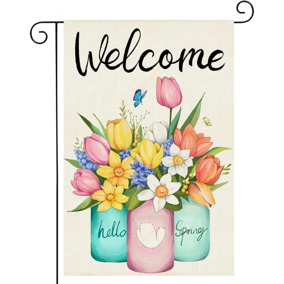 Welcome Spring Floral Garden Flag 12x18 Double Sided Colorful Flowers Holiday Seasonal Farmhouse Outside Decorations Burlap Yard Flag Celebrate the Beauty of Spring