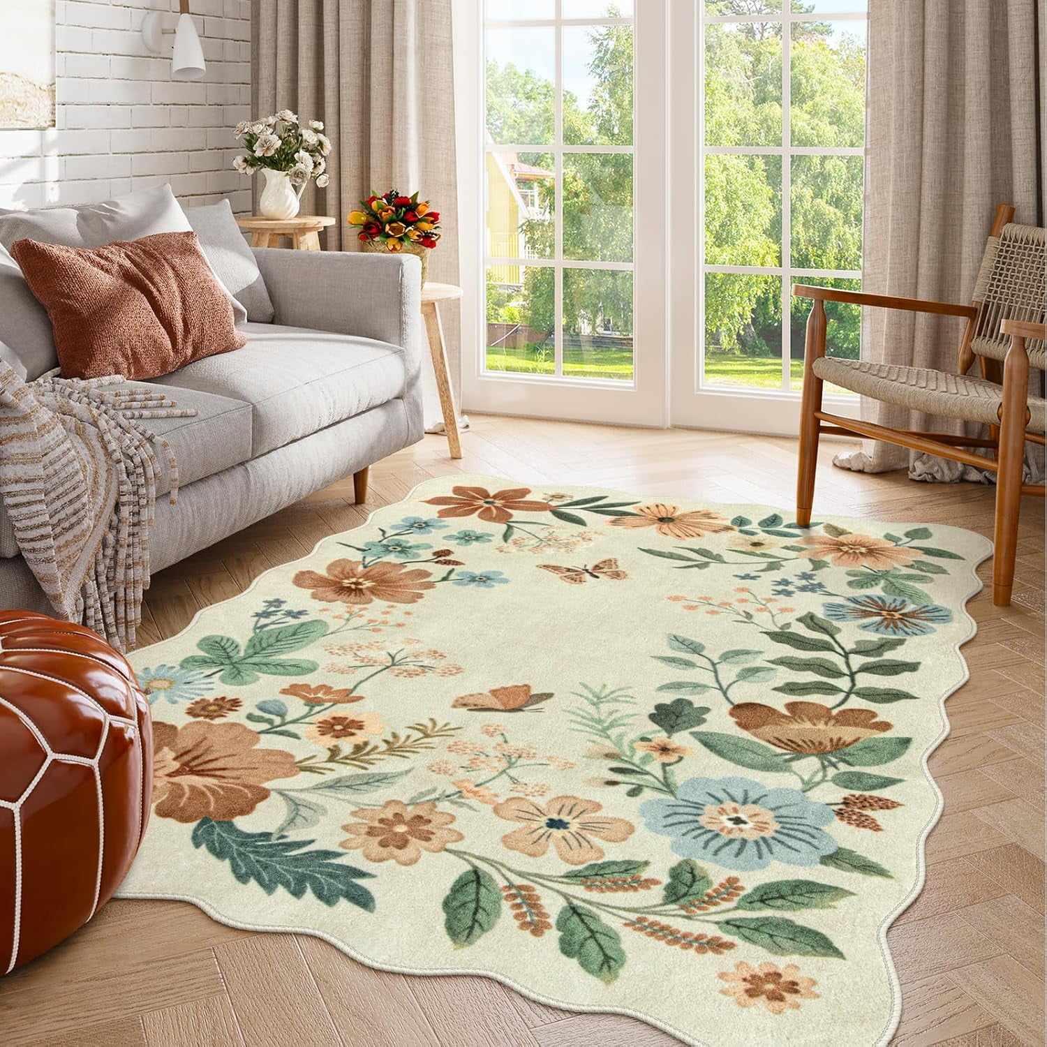 Moynesa 4'x6' Floral Living Room Rugs, Area Rugs 4x6ft Rug for Bedroom Ultra-Thin Soft Rug, Non-Slip Washable Rugs Stain Resistant Boho Rug Low-Pile Throw Rug for ‎Dining Room Office,Beige