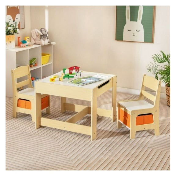 Kids Table and Chair Set with Storage, Blackboard & Whiteboard, MDF Activity Table for Toddlers Ages 3-7, Learning & Play Table with 2 Chairs, Home & Kindergarten Furniture