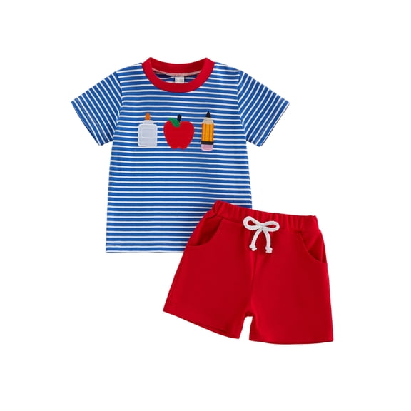 RUINIXCW Toddler Baby Boy Back to School Outfit Kids Summer Kindergarten Outfits Baby Boys First Day of School Outfit Short Sleeve Apple Pencil Embroidery Striped T Shirt and Shorts Set