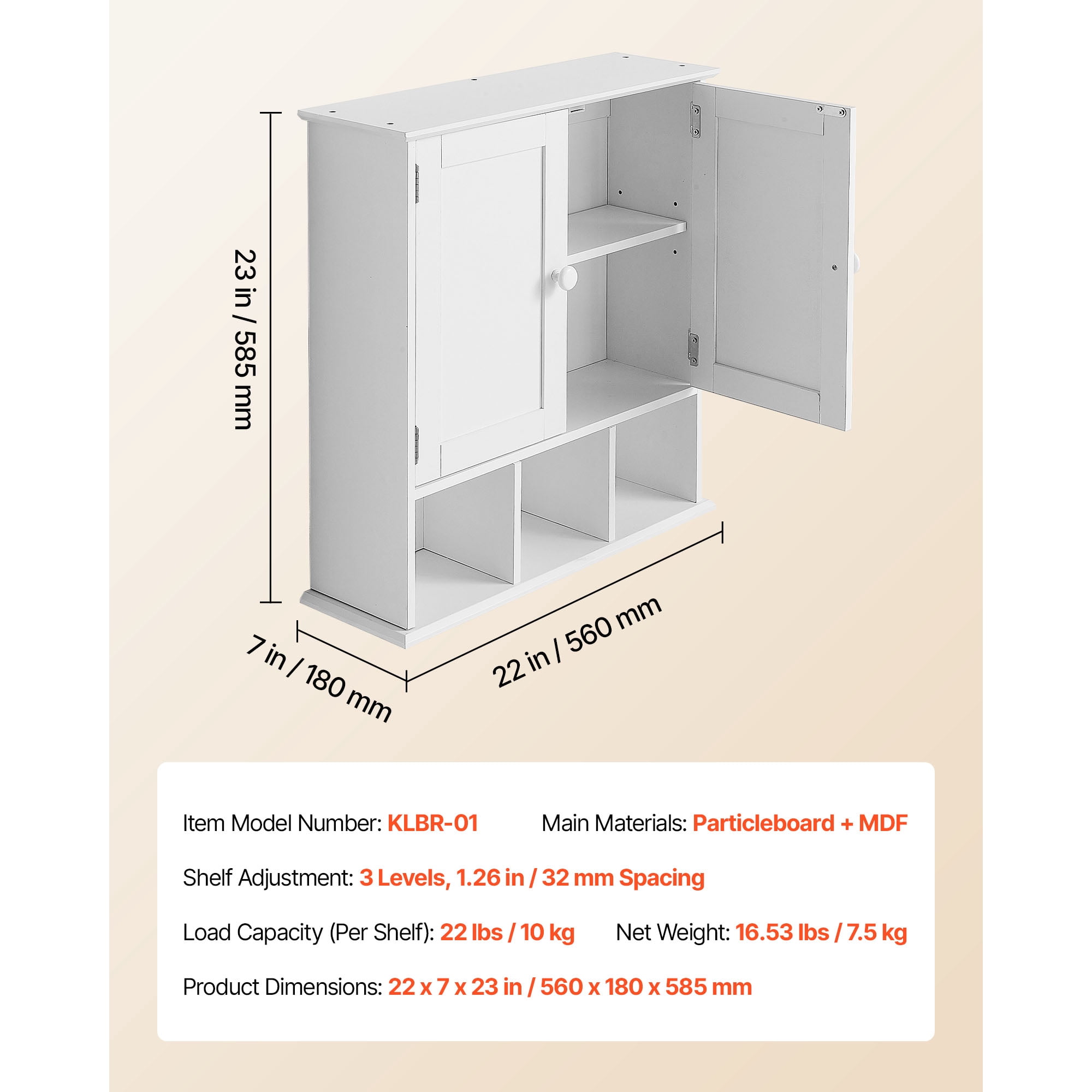KFFKFF Bathroom Wall Cabinet with 2 Doors and Adjustable Shelf, Wall-Mounted Storage Organizer for Toiletries, Laundry Supplies, or Kitchen Essentials, White