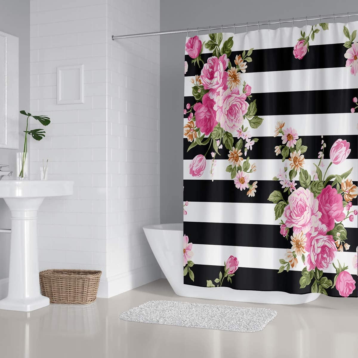 4 Pcs Pink Flower on Black Striped Shower Curtain Set Grey and White Bathroom Sets with Shower Curtain and Rugs Modern Home Bathroom Decor Shower Curtains with Rugs and Toilet Lid Cover