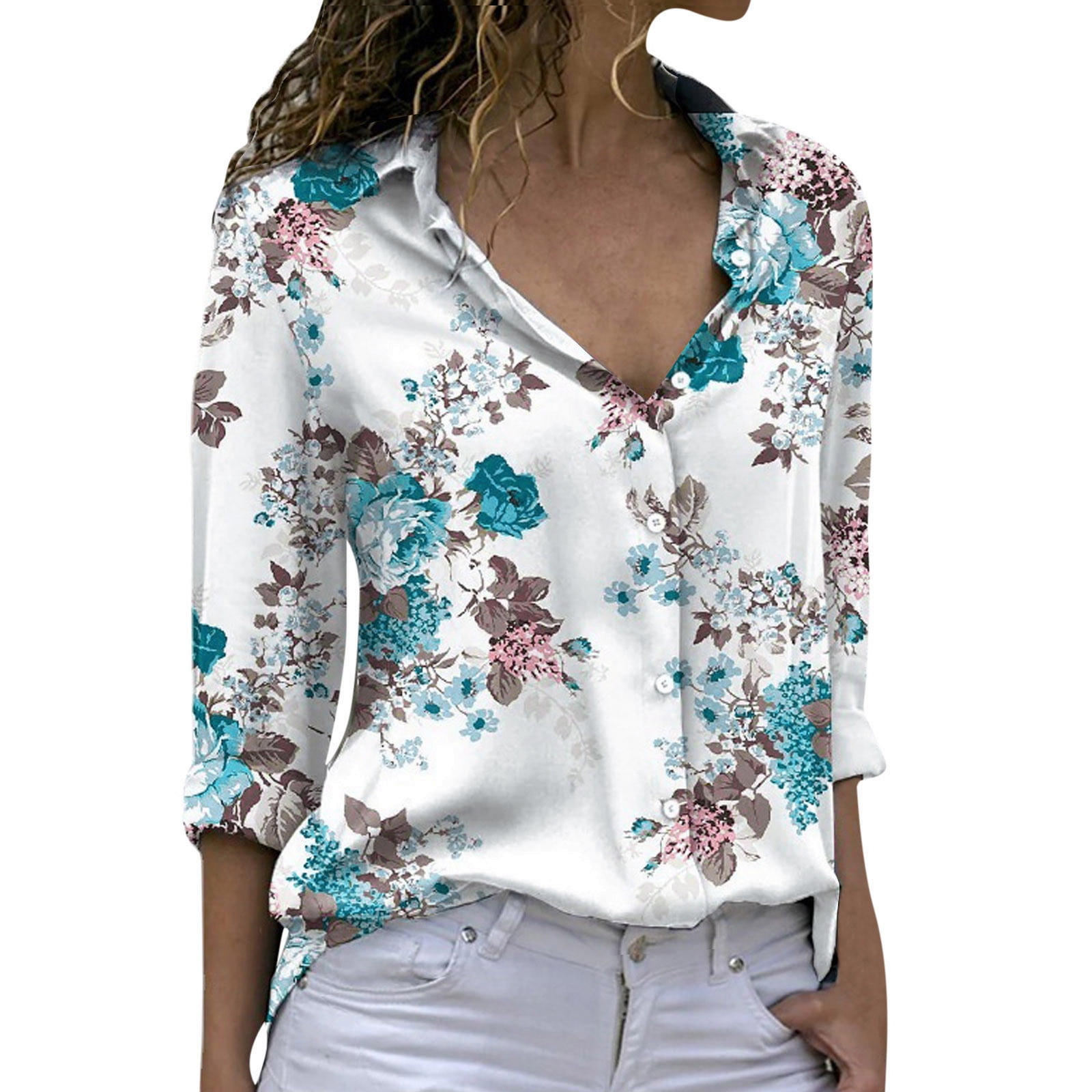 ZMHEGW Women's Floral Printed Shirts Tops Long Sleeve Lapel Button Down ...