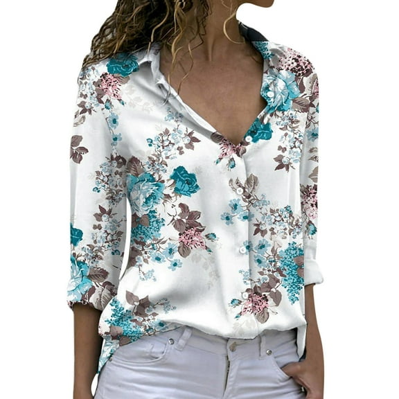 ZMHEGW Women's Floral Printed Shirts Tops Long Sleeve Lapel Button Down Blouse Summer Casual Fitted