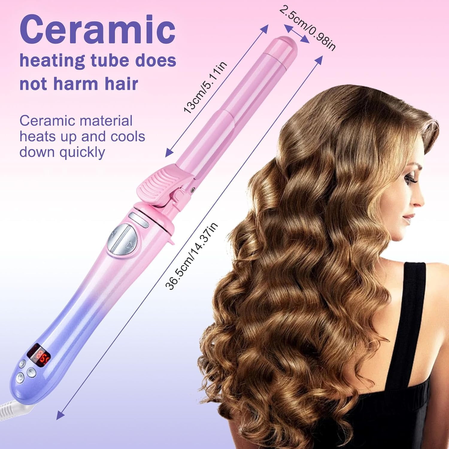 Curling Iron，Automatic Curling Iron，Ceramic Material Does not harm Hair, Temperature Display, Ceramic Heat Pipe Length 5.1 inches，Pink Sunse