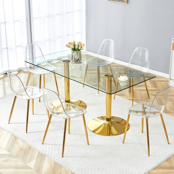 FFZ Dining Table and 6 Chairs Set with Tempered Glass Top and Gold Metal Legs, Gold