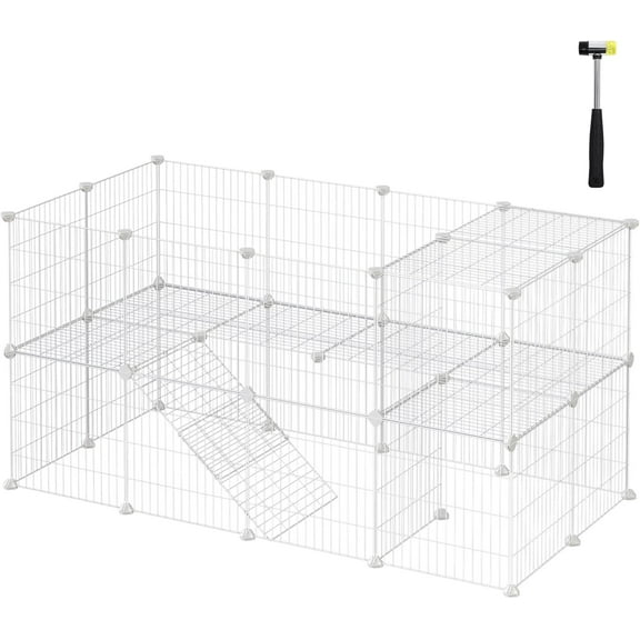 PINDEE 36 Panels Pet Playpen, Small Animal Playpen, Rabbit Guinea Pig Cage, Zip Ties Included, Metal Wire Apartment-Style Two-Story Pet Premium Villa for Bunnies Puppies, Indoor Use, White