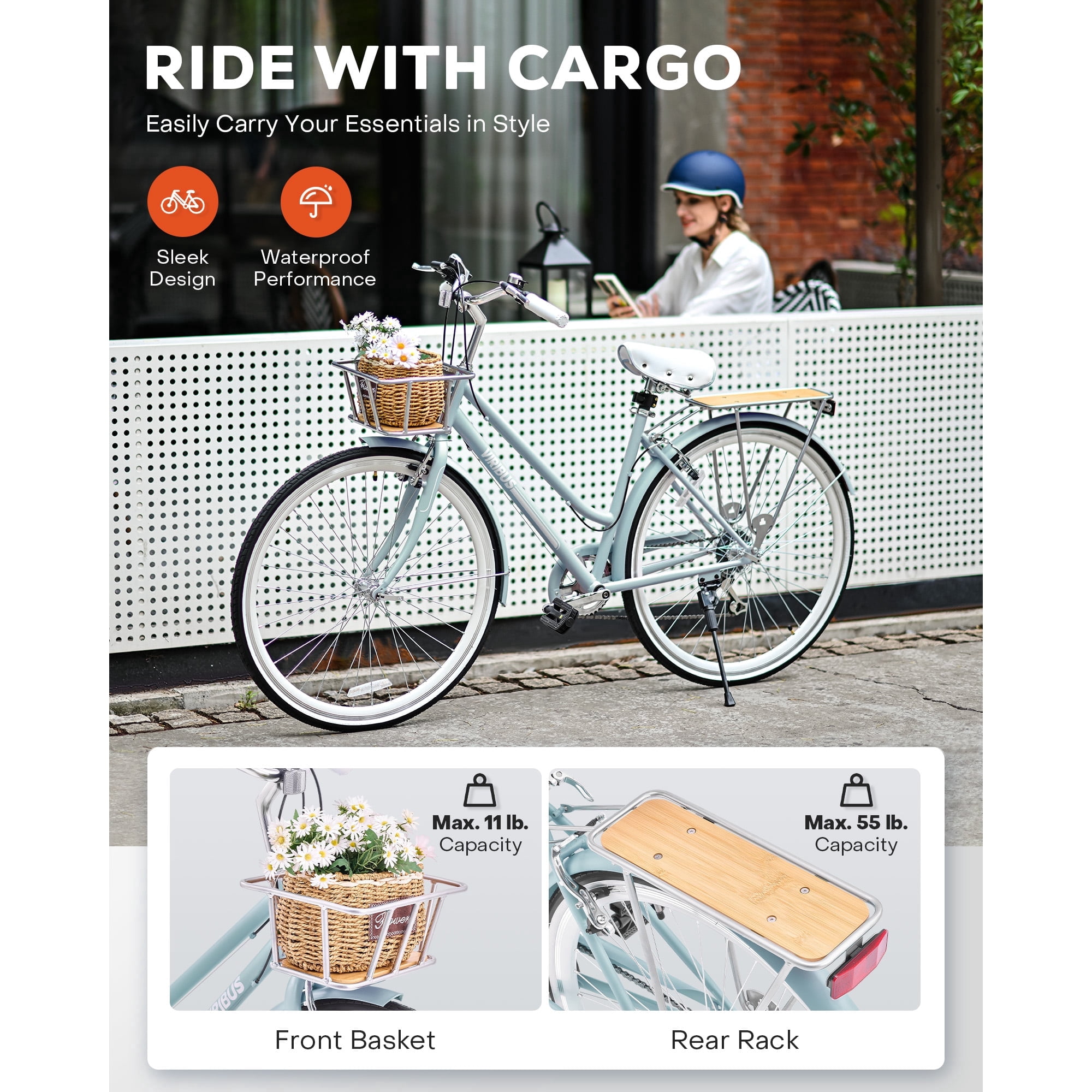 Hybrid Bike, 700c City Commute Cruiser Bike with 7 Speed Drivetrain 28" Wheel Step Through Frame Front Basket Rear Cargo Rack Dual V Brakes,Mint