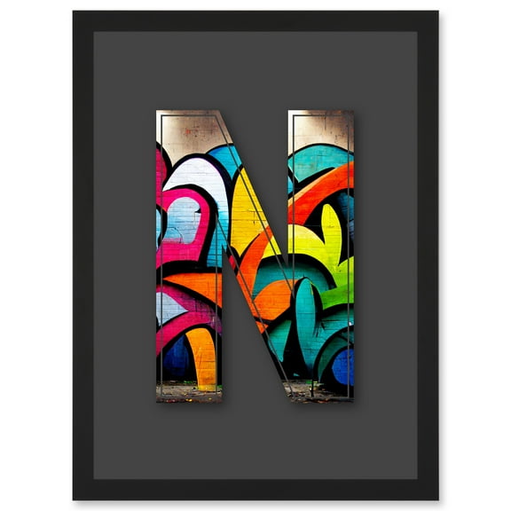 Letter N Tagging Multicoloured Decorative Graffiti Mural Alphabet Initial Stencil Artwork Framed Wall Art Print A4