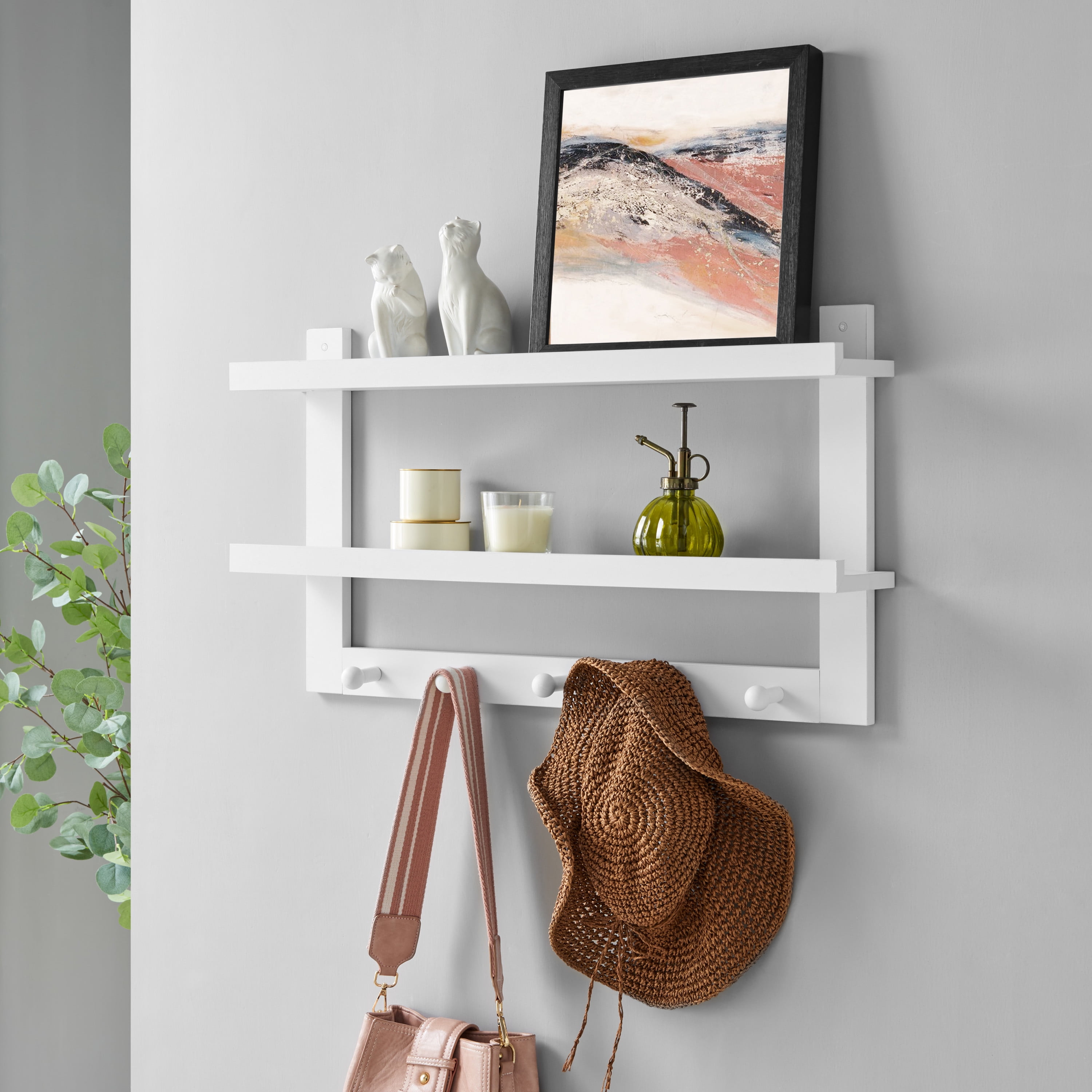 Danya B. Entryway Wall Coat Rack with Decorative Ledge Shelf and Hooks - White