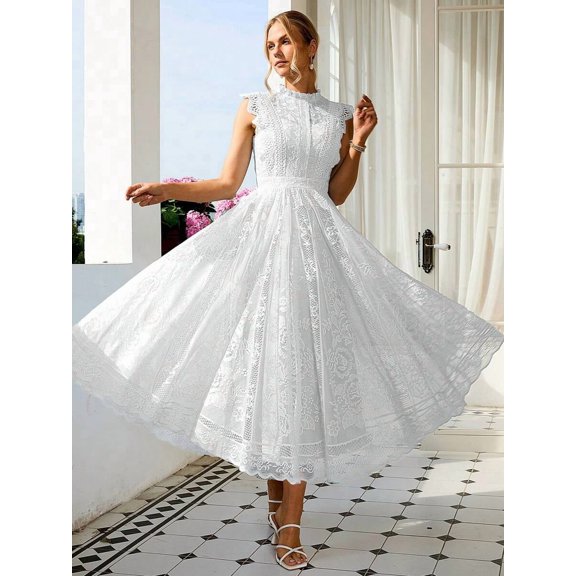 White Vintage Lace A-Line Midi Dress With High Neck And Cap Sleeves For Wedding Party Graduation