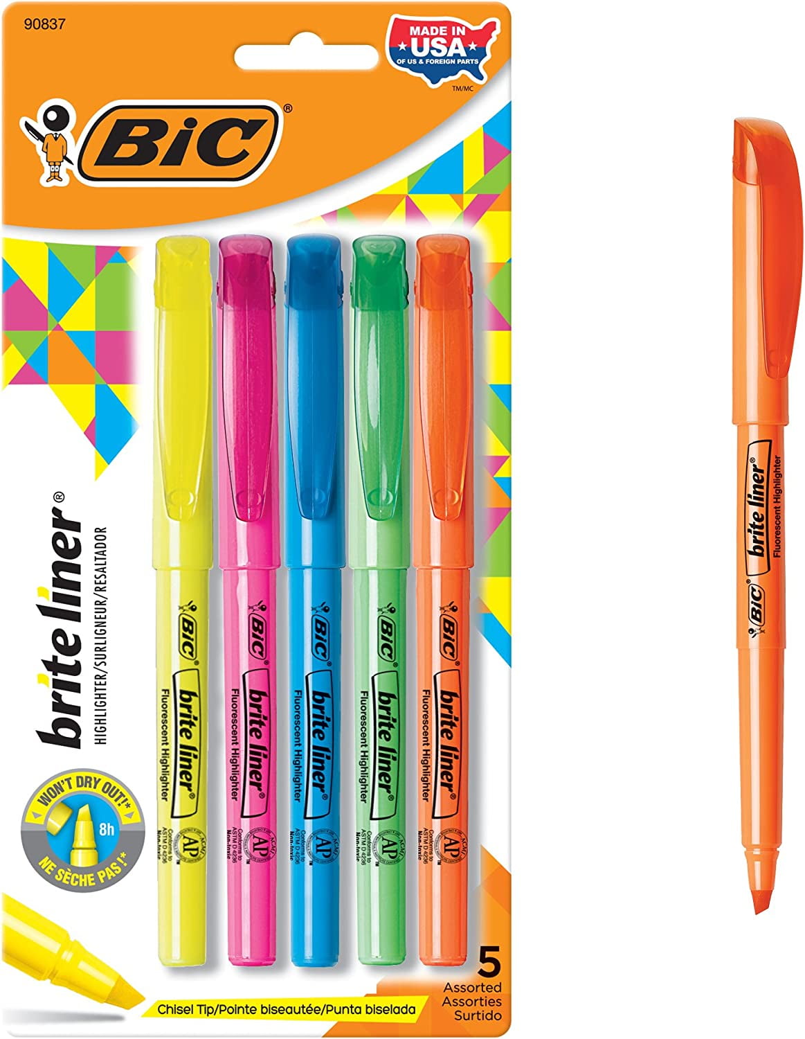 3 Pack BIC Brite Liner Highlighter, Chisel Tip, Assorted Highlighter Colors, 5-Count, Chisel Tip for Broad Highlighting or Fine Underlining