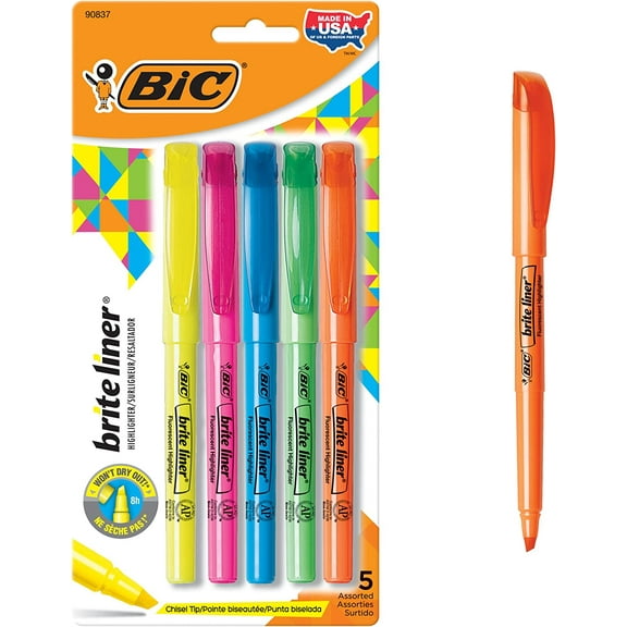 3 Pack BIC Brite Liner Highlighter, Chisel Tip, Assorted Highlighter Colors, 5-Count, Chisel Tip for Broad Highlighting or Fine Underlining