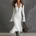 thumbnail image 5 of Women's Sweater Dress Knit Dress Long Sleeve Quarter Zip Bell Sleeve Fishtail Hem Bodycon Tight Dress for Winter,White,M, 5 of 6