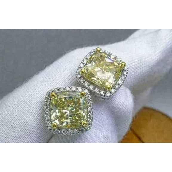 4TCW Cushion Cut Lab-Created Canary Yellow Diamond Halo Stud Earrings Real 925 Sterling Silver