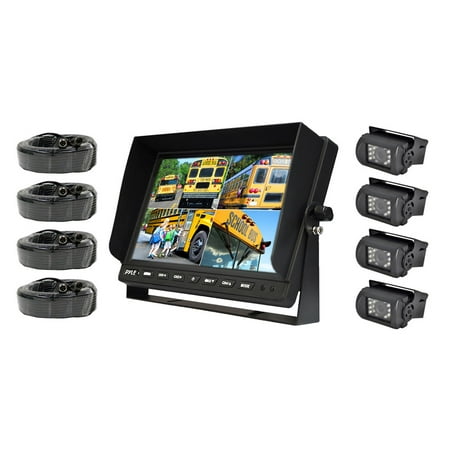 PYLE PLCMTR104 - Weatherproof Rearview Backup Camera System with 10.1 LCD Color Monitor, Built-in Quad Control Box Screen, (4) IR Night Vision Cameras, Dual DC 12/24V for Bus, Truck, Trailer,