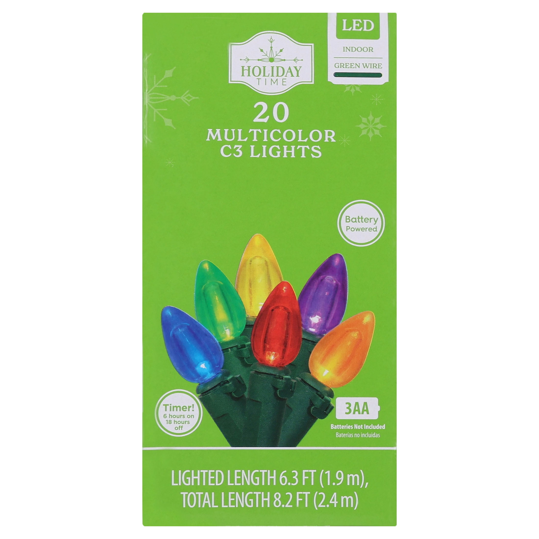 Indoor 20-Count Battery-Operated LED Smooth C3 Christmas String Lights, Multicolor, Green Wire, 6.3', by Holiday Time