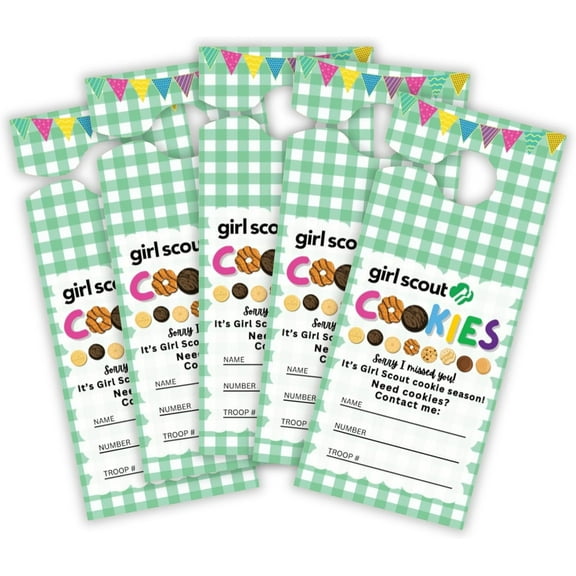 Scout Cookies Sold Here Door Hanger  50 pk 3.5 x 8.5 Reorder Girl Cookies Contact Me To Order with Name and Troop Number Goal Green Checkered