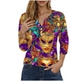 thumbnail image 3 of lcziwo Mardi Gras Shirts for Women 2025 Carnival Costumes Dressy Button Henley Tops Casual V Neck 3/4 Sleeve Parade Blouse Purple M Lightning Sales of Today, 3 of 6