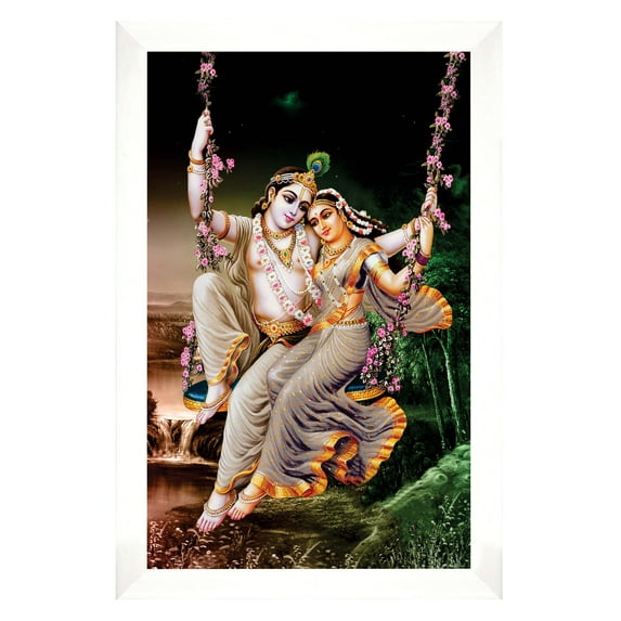 IBA Indianbeautifulart Radha Krishna On Swing Picture Frame Religious Poster White Wall Frame Deity Photo Frame Wall Decor For Home/ Office/ Temple-10 x 12 Inches