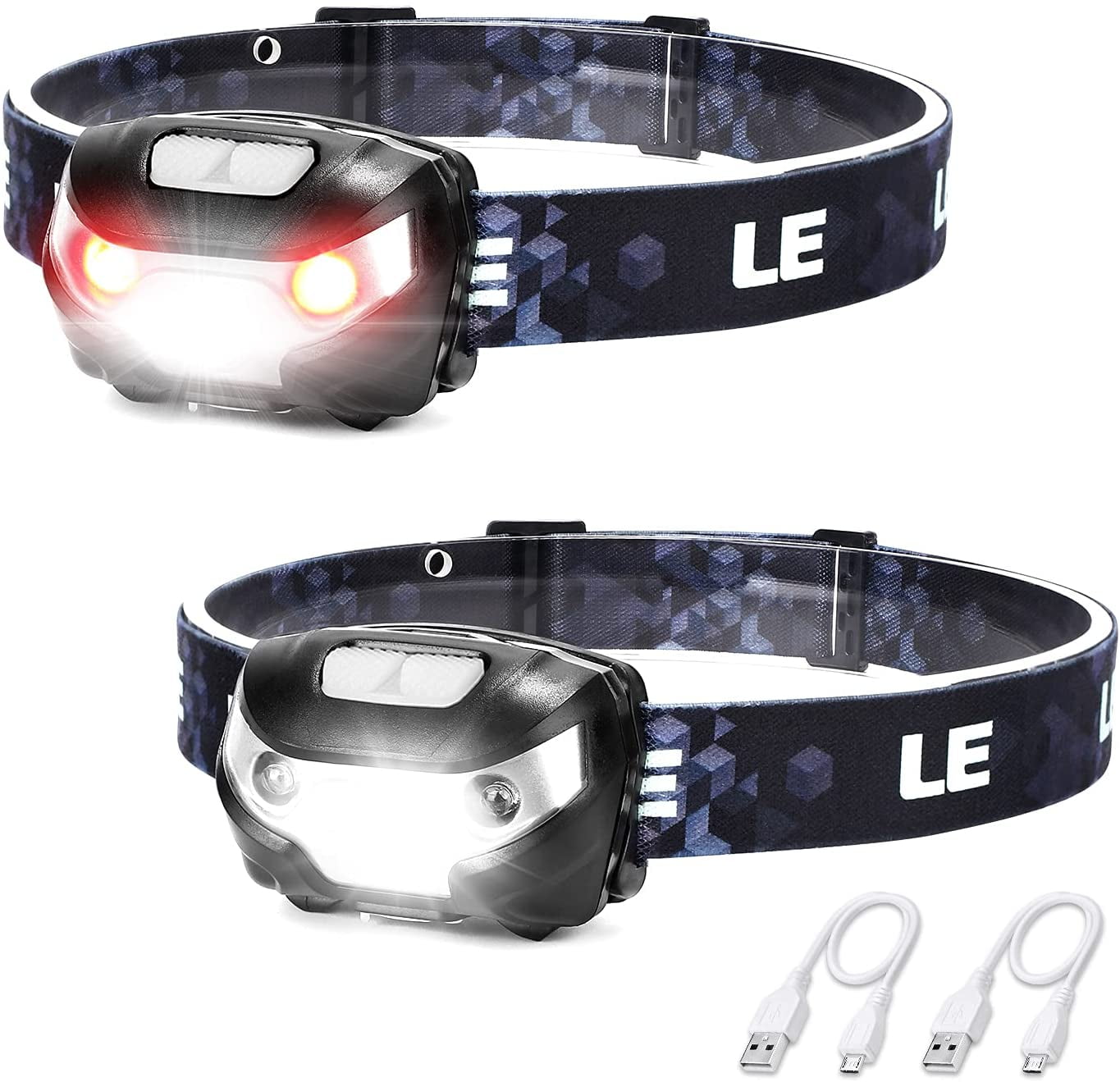 2 Pack USB Rechargeable LED Headlamp Flashlight 5 Modes Headlight Waterproof PE 
