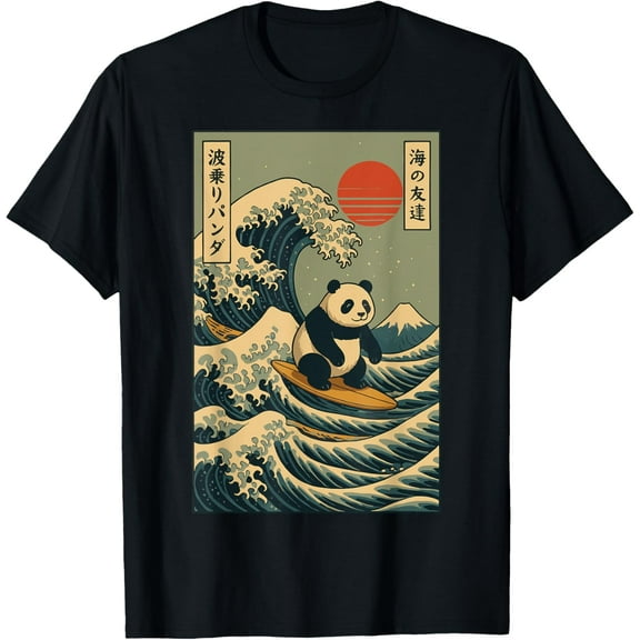 Men‘s Panda Surfing Japanese Short Sleeve Shirts T-Shirt