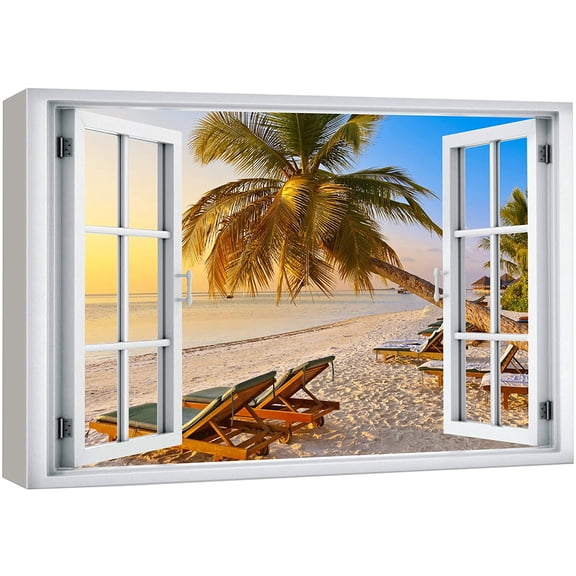 wall26 Canvas Print Wall Art Window View Relaxing Zen Tropical Beach Paradise Wilderness Nature Photography Realism Scenic Landscape Colorful Multicolor for Living Room, Bedroom, Office - 12"x18