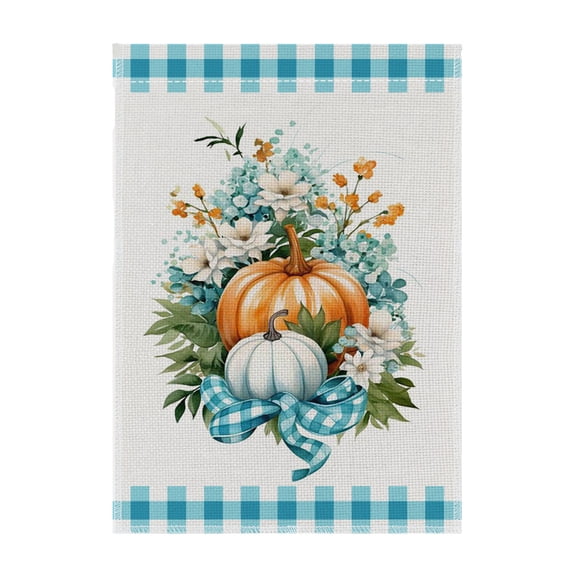 Thanksgiving Garden Flag 18X12 Inch Blue Plaid Fall Pumpkin Decor Outdoor Fall Decor for Porch Front Yard Decor for Home Thanksgiving Outdoor Decoration 1 Pack