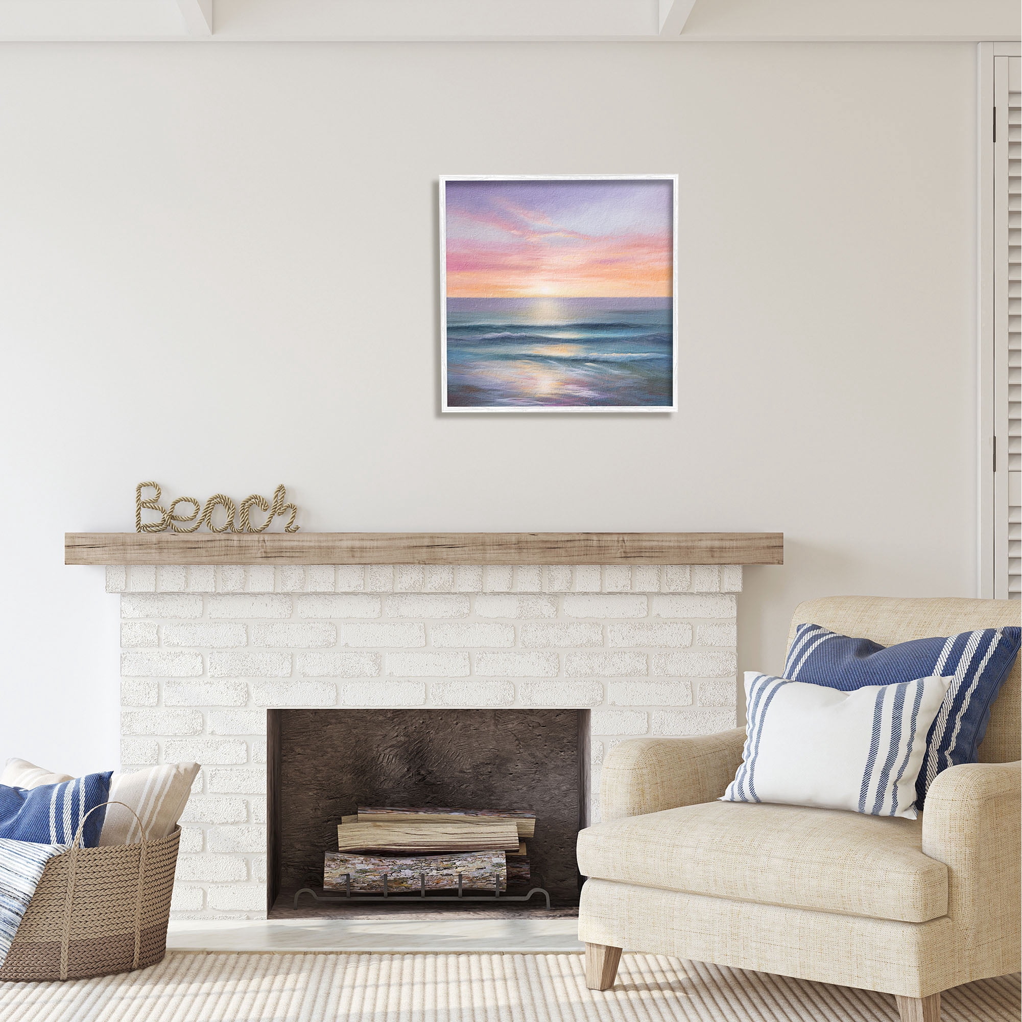 Stupell Industries Ocean Sunrise Painting Nature Painting White Framed Art Print Wall Art, 24 x 24