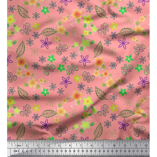 Soimoi Orange Poly Georgette Fabric Leaves,Insect & Floral Artistic Decor Fabric Printed BTY 52 Inch Wide