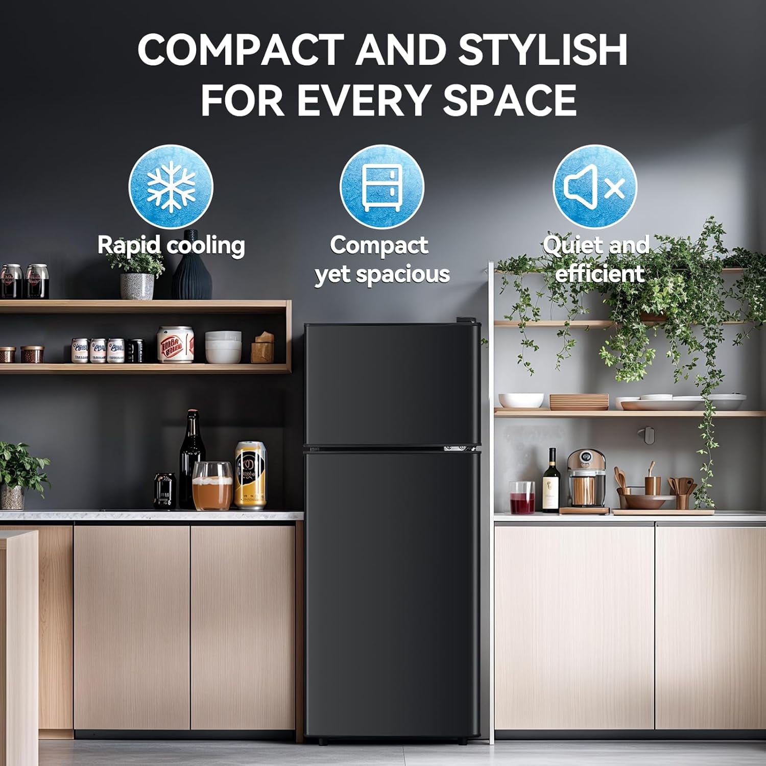 Kcpolre 3.6 Cu.Ft Double Door Fridge Freezer - 6-Level Thermostat, LED Light, Adjustable Glass Shelves - Ideal for Bedroom, Office, Dorm & Apartment - Black