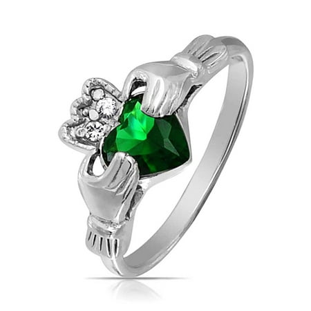 - BFF Celtic Irish Friendship Promise CZ Green Simulated Emerald Heart Claddagh Ring For Women 925 Sterling Silver