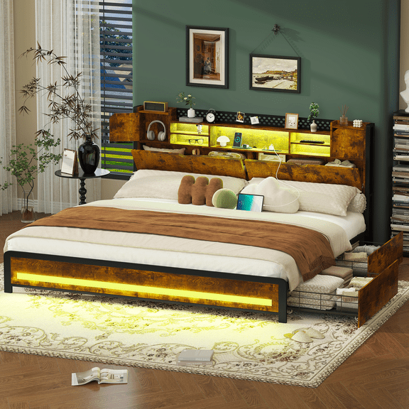 King Size Bed Frame with Storage Drawers and Bookcase Headboard, Wooden Platform King Bed with LED Lights and Charging Station, Hidden Storage, No Box Spring Needed/Noise Free, Vintage Brown