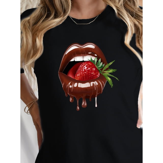 Camiseta de algodón para mujer con labios de chocolate y fresa de ajuste cómodo. Para adultos, hombres, mujeres, adolescentes, jóvenes.