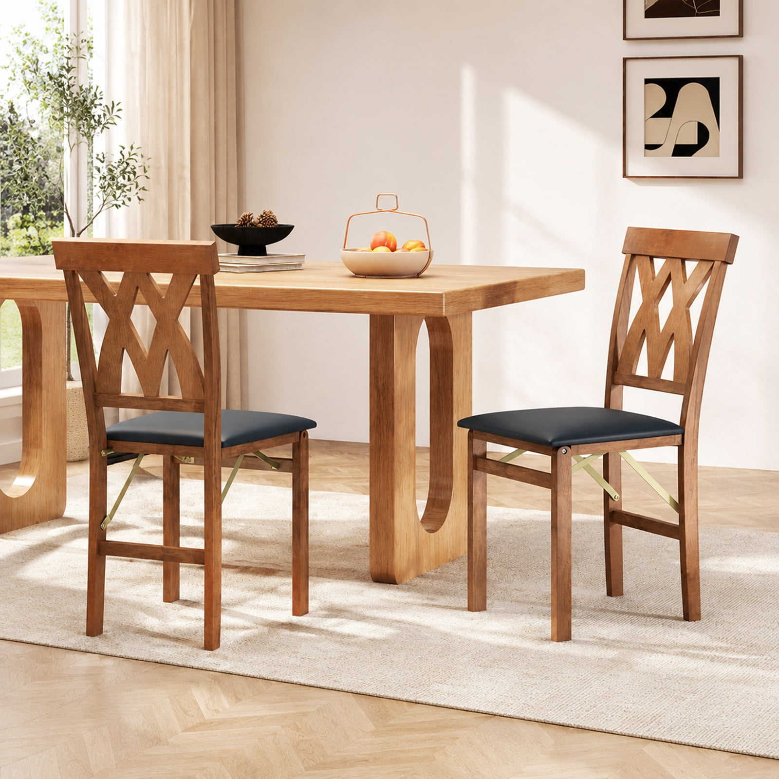 Furnibear Folding Wooden Dining Chairs Set of 2 Faux Leather Upholstered Armless Kitchen Chairs for Small Rooms Apartment, Walnut