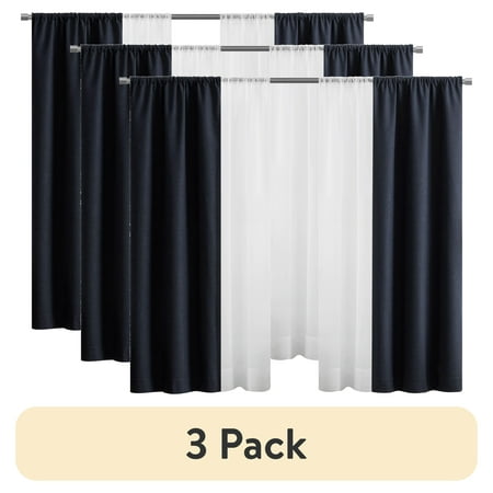 (3 pack) Mainstays Twill Blackout and Voile Rod Pocket Curtains, Set of 4, Blue Cove, 27.5" W x 63" L