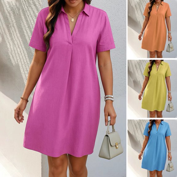 tasrioml Women A-Line Dress V-Neck Lapel Short Sleeve Solid Color Summer Dress Loose Fit Lightweight Casual Dress