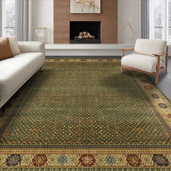 ODIKA 8'x10' Washable Area Rug Non-Shedding, Easy Care, Mid Century Vintage Earthy Tan Print Retro Interlocking Tone for King Size Bedroom Under Bed, Master Suite