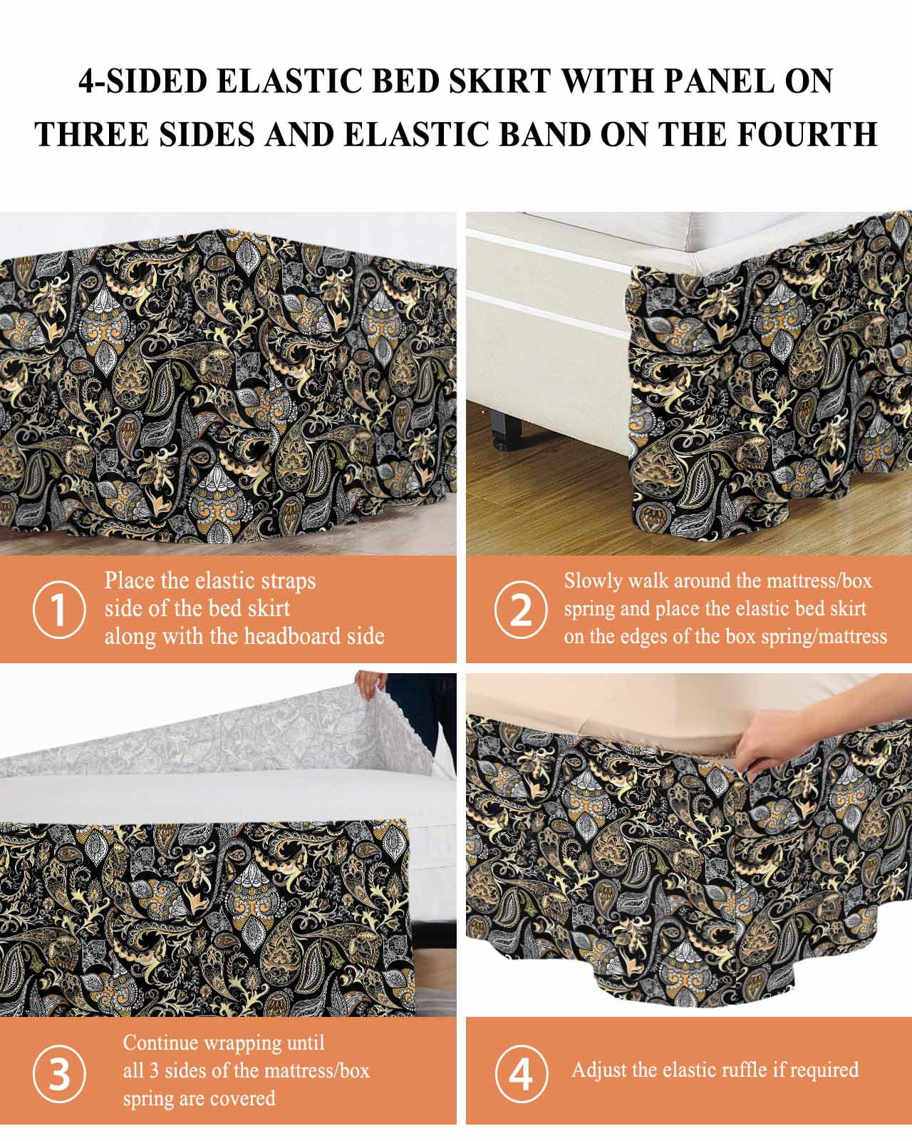 Black Floral Wrap Around Bed Skirts for Queen Bed 18" Drop,Bed Skirt with Adjustable Elastic Belt Dust Ruffle Bed Valance for Bedroom Hotel Boho Botanical Vintage Paisley Flower Bed Frame Cover