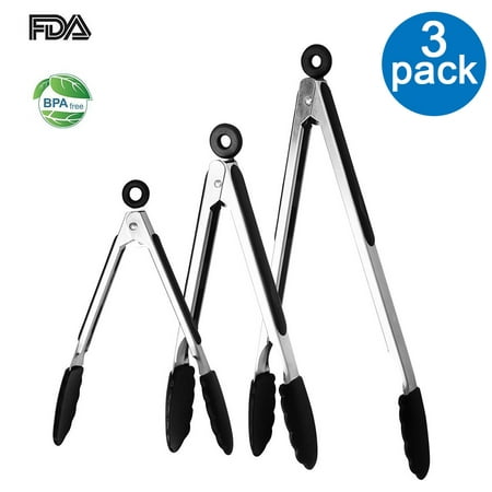 Set of 3 Silicone Barbeque Tongs, Stainless Steel Kitchen Tongs with Tips and Locking Mechanism,
