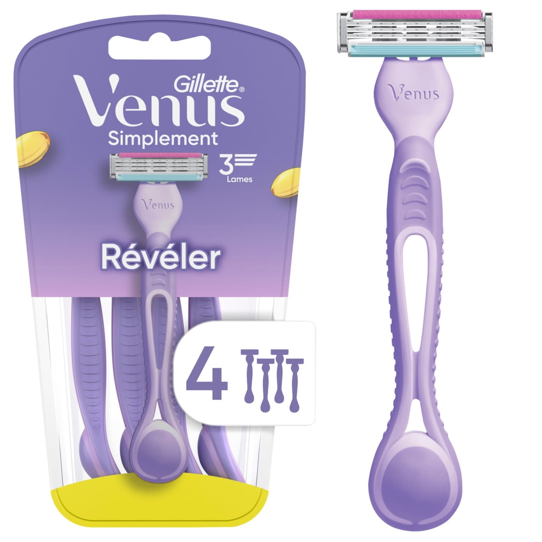 Venus Simply Reveal Women's 3 Blade Disposable Razor with Vitamin E, 4 Count, Purple