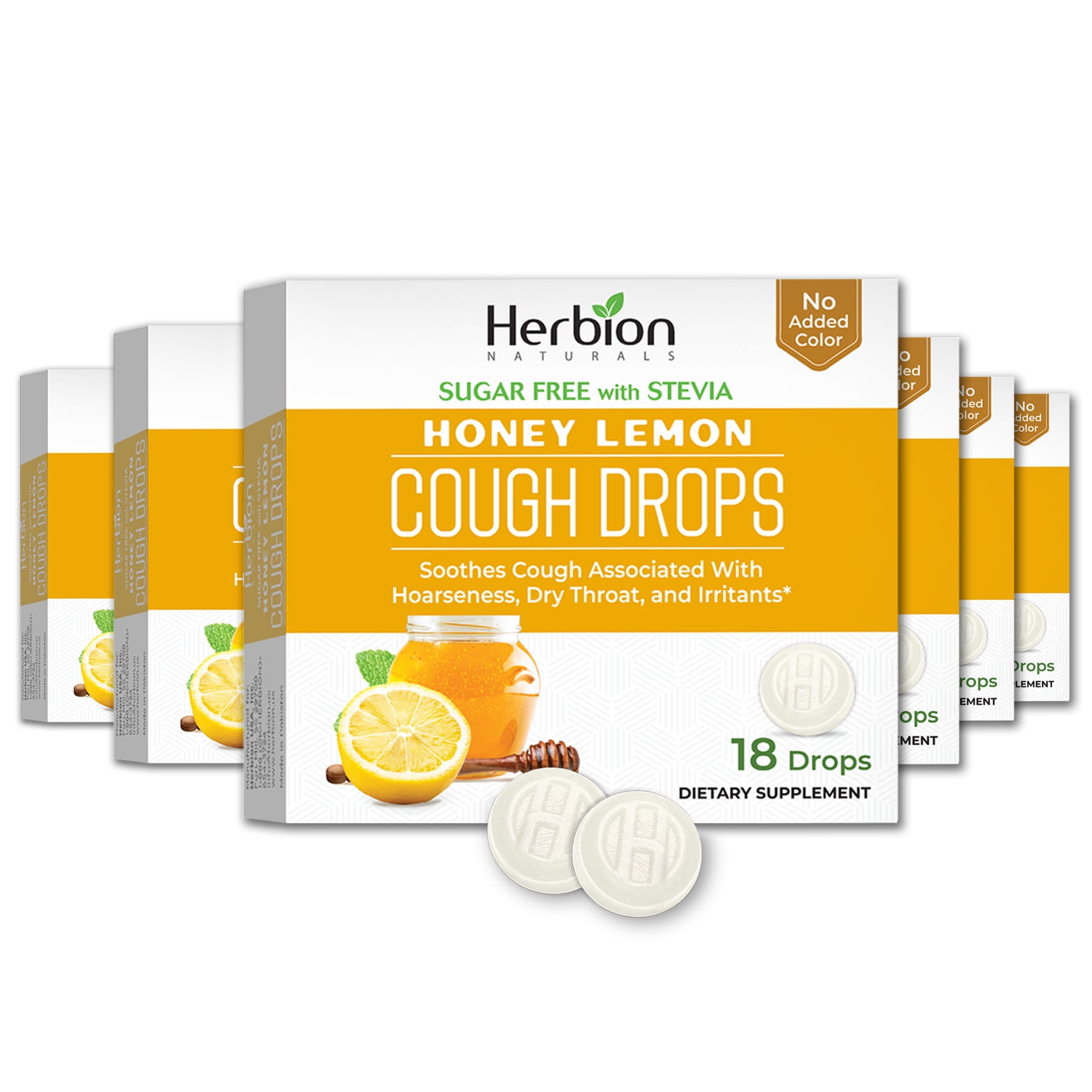 Herbion Naturals Cough Drops with Natural Honey Lemon Flavor, Sugar-Free with Stevia, Dietary Supplement, Soothes Cough, For Adults and Children over 6 years, 18 Drops - 6 Packs (108 Drops)