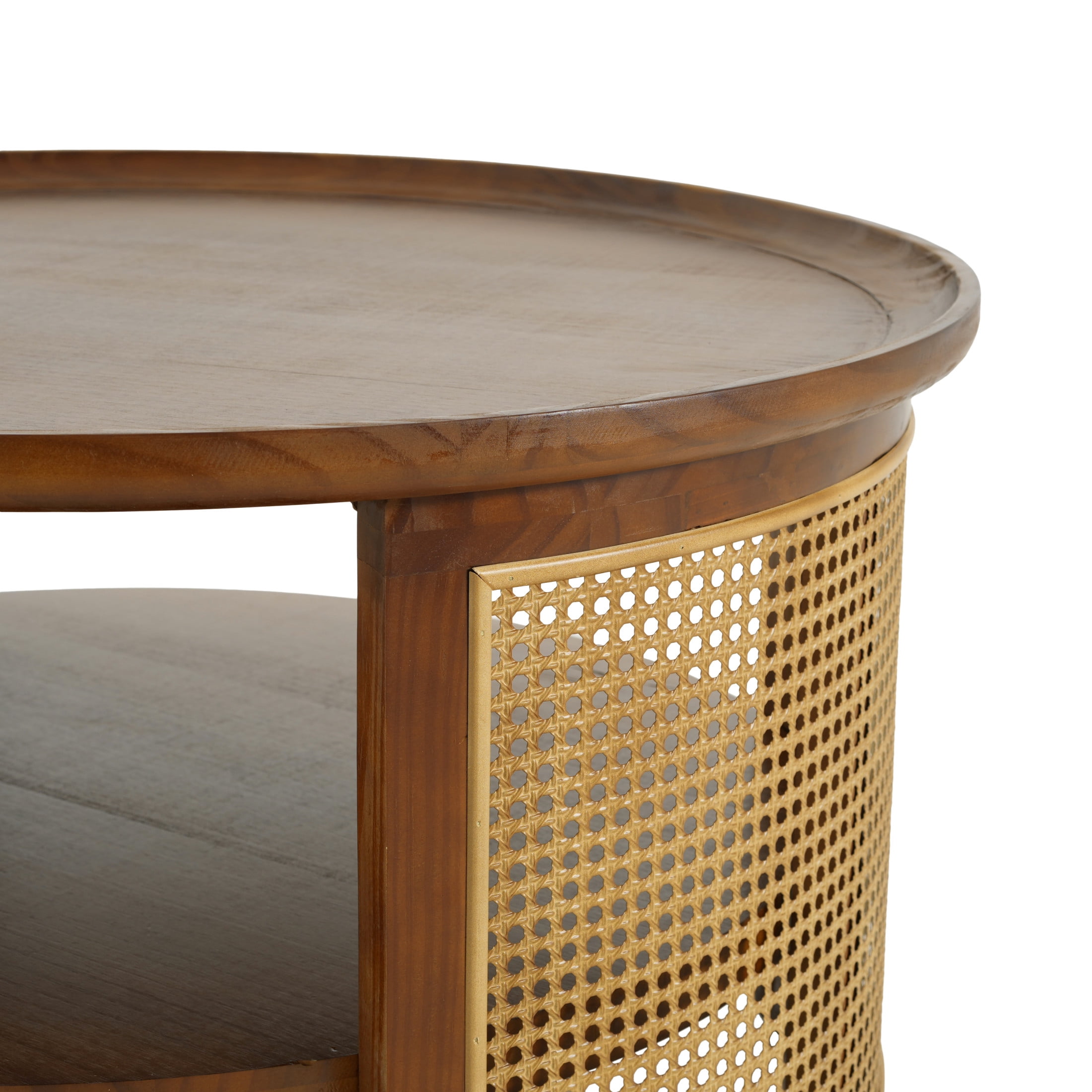 Christopher Knight Home 31.5" Boho Farmhouse Round Coffee Table with Shelf and Rattan Side, Walnut+Gold