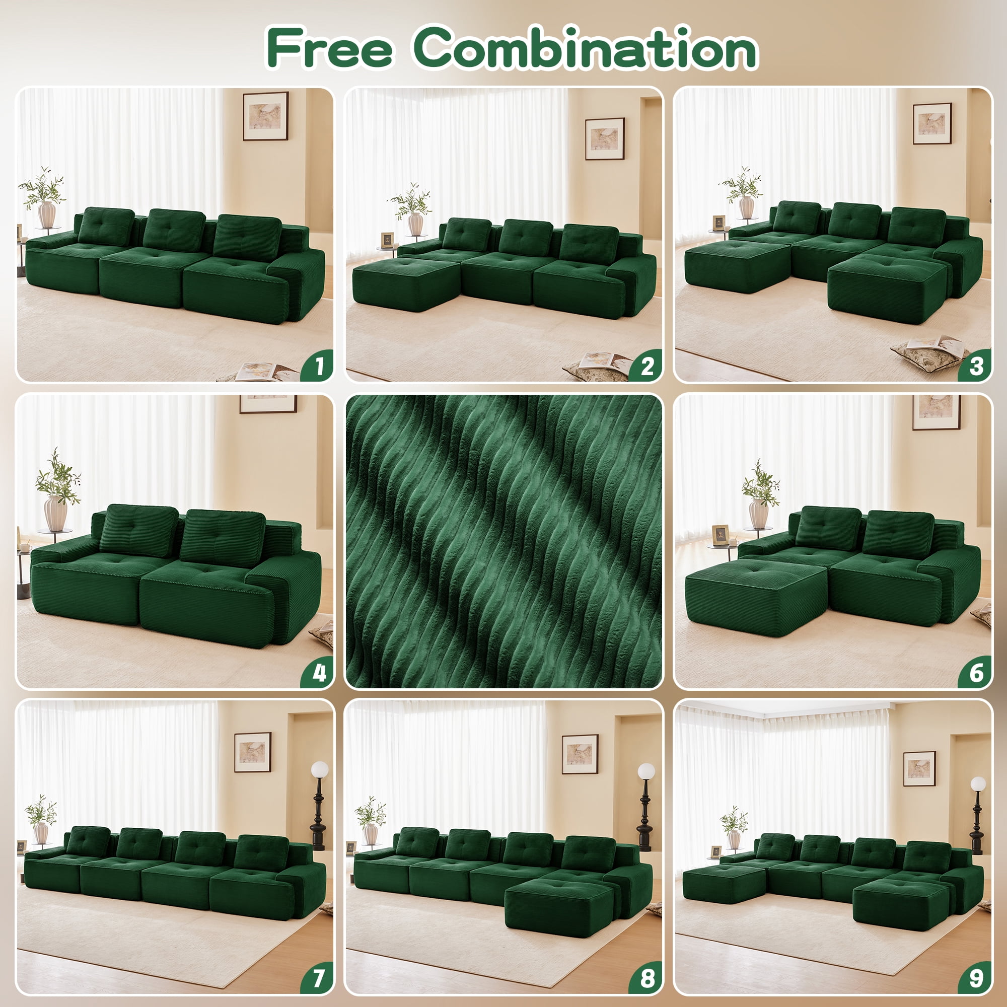 Yoneston 82" L-Shaped Modular Sectional Sofa 2 Seater Couch with Cushions and Ottoman, No Assembly Corduroy Loveseat Sofa for Living Room Bedroom Apartment, Green
