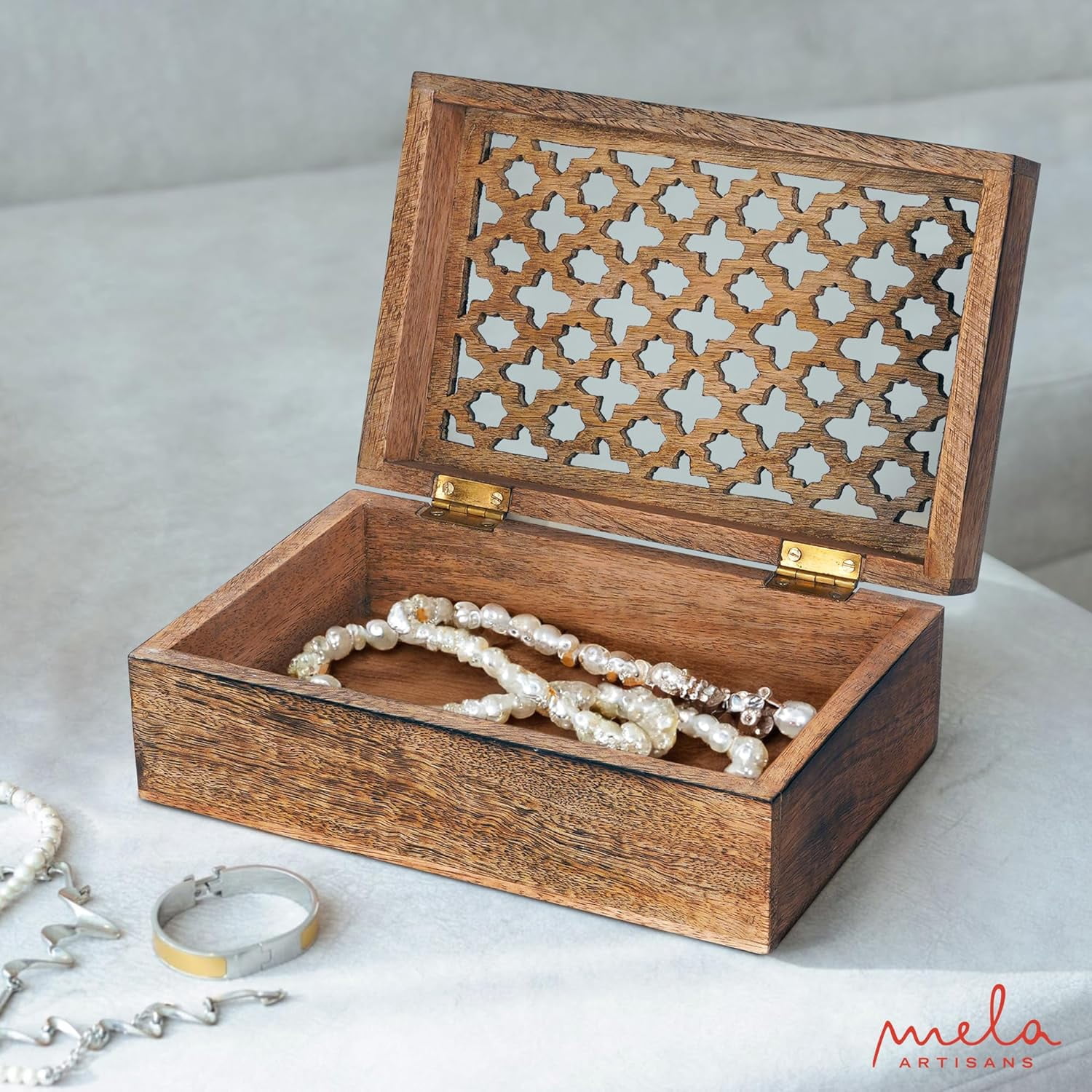 Mela Artisan Mango Wood Box with Lid, Handmade Large Keepsake Box, Medium Burnt, 9” x 6” x 3.5”