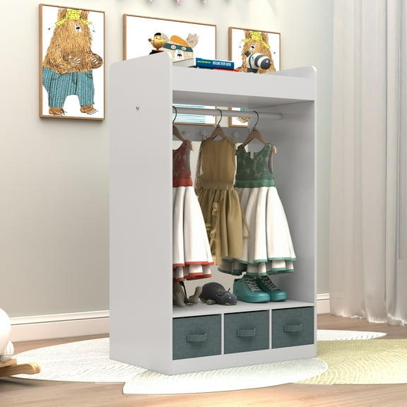 EasingRoom Kids Armoire Dress Up Closet Corner Bedroom Wardrobe with Mirror, Toy Storage, 3 Drawers, Wooden Garment Rack, White Finish