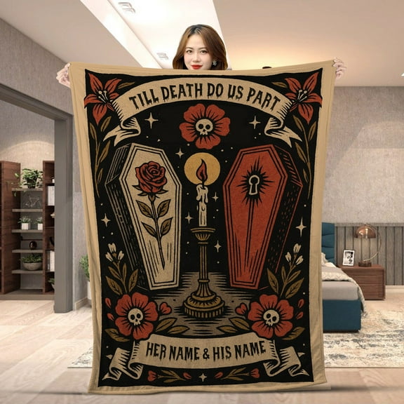Personalized Till Death Do Us Part Gothic Blanket - Custom Couple Name Throw, Vintage Skull Rose Coffin Design, Romantic Dark Love Gift Fleece & Sherpa Blanket