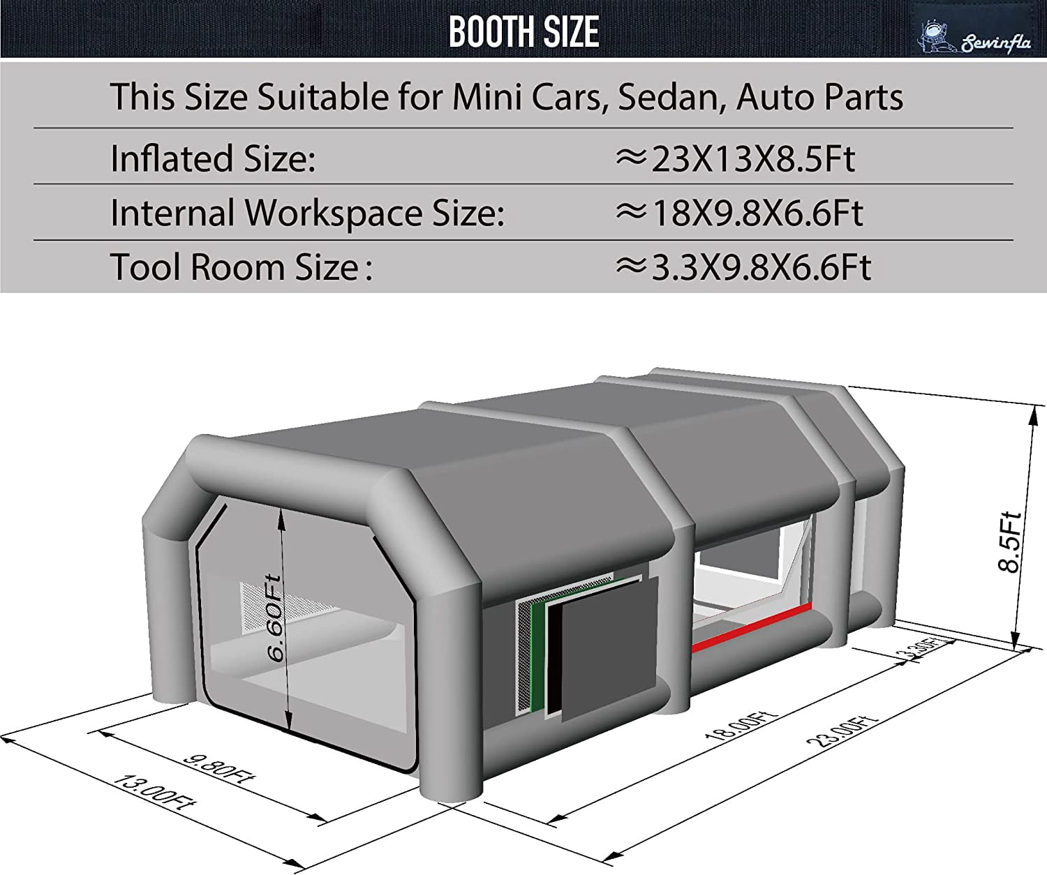 Sewinfla Indoor Inflatable Paint Booth with Air Draft Device 23x13x8.5Ft with Blowers